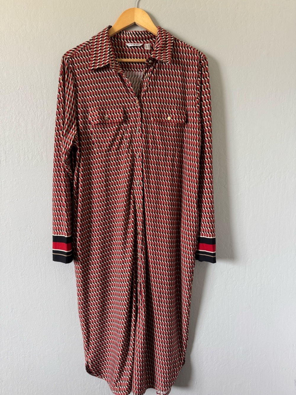 Punt Roma Long Sleeve Red Patterned Collard Shirt/Tunic Dress w/Buttons Sz 14